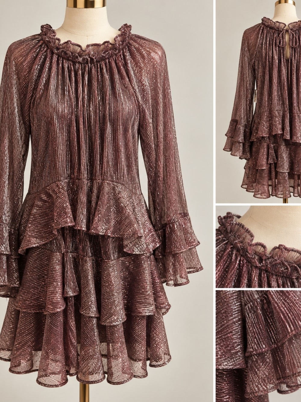 Kensie Metallic Mauve Pleated Ruffle Dress Size 4 NWT